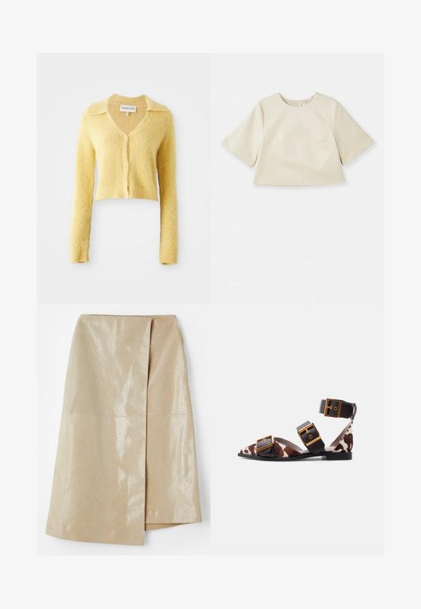 Cardigan jaune, raccourci, en tissu texturé, présentant un col en V, des manches longues et des boutons à l'avant. Apparence douce et duveteuse, semblable à de la laine.; Haut court de couleur crème en matière lisse, avec des manches courtes, un col rond et des détails de coutures subtils.; Jupe en simili cuir beige avec un motif serpent texturé et brillant ; dotée d'un design enroulé et d'une fente sur le côté pour plus de détails.; Sandale plate à bout pointu avec imprimé vache marron et blanc, bretelles en cuir noir et trois grandes boucles dorées, dont une autour de la cheville.