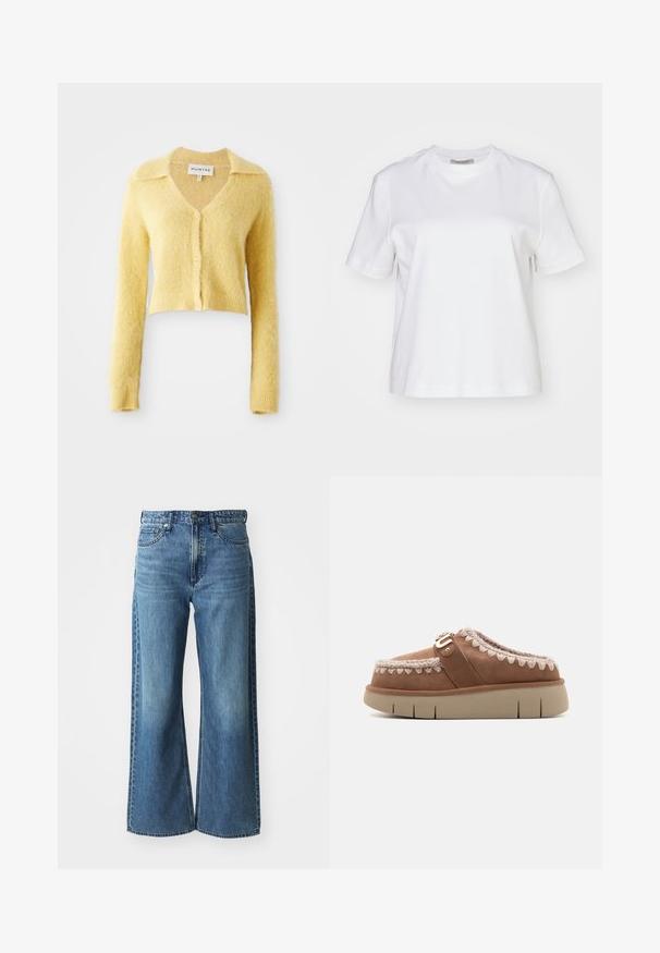 Gul, cropped cardigan lavet af tekstureret stof, med v-hals, lange ærmer og knapper foran. Blød, fuzzy uld-lignende udseende.; AllSaints LISA TEE - T-shirts basic - white; Bredde ben blå denimjeans med mid-rise talje, fem lommer og subtile falmninger. Funktionen inkluderer bæltestropper og syede detaljer.; Brun ruskind slip-on sko med en beige gummisål, kontrasterende flettet detalje på toppen og en dekorativ spændeaccent.