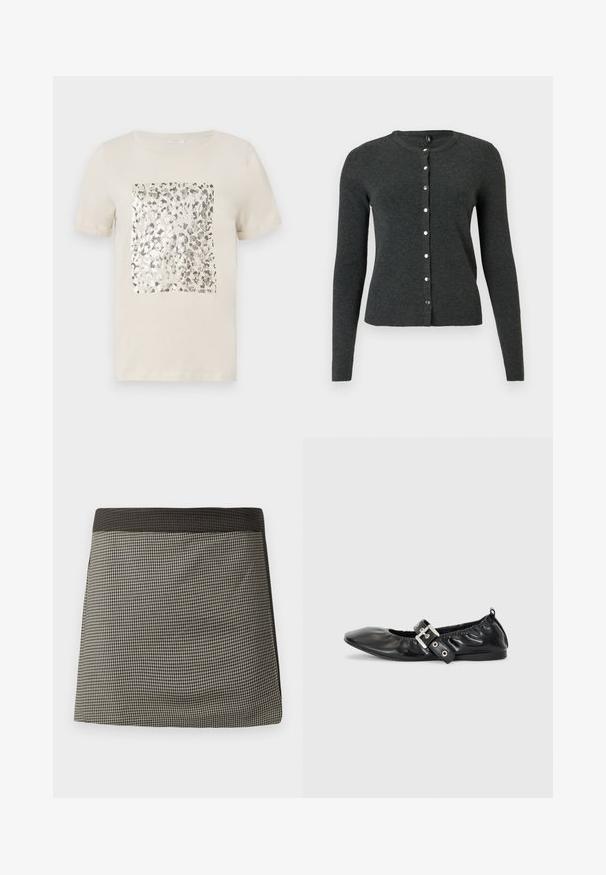 Cardigan gris foncé en tissu tricoté doux, avec des manches longues et un col rond, orné de boutons argentés sur le devant.; T-shirt beige à manches courtes avec un imprimé animal en argent carré au centre. Matière en coton doux, col rond classique.; Jupe à carreaux noirs et crème avec une taille noire unie. Présente une coupe droite, une texture lisse et un motif uniforme dans tout le vêtement.; Chaussure plate en cuir noir avec un nez pointu, des détails froncés autour de l'ouverture et un accent en boucle argentée sur la bride ajustable.