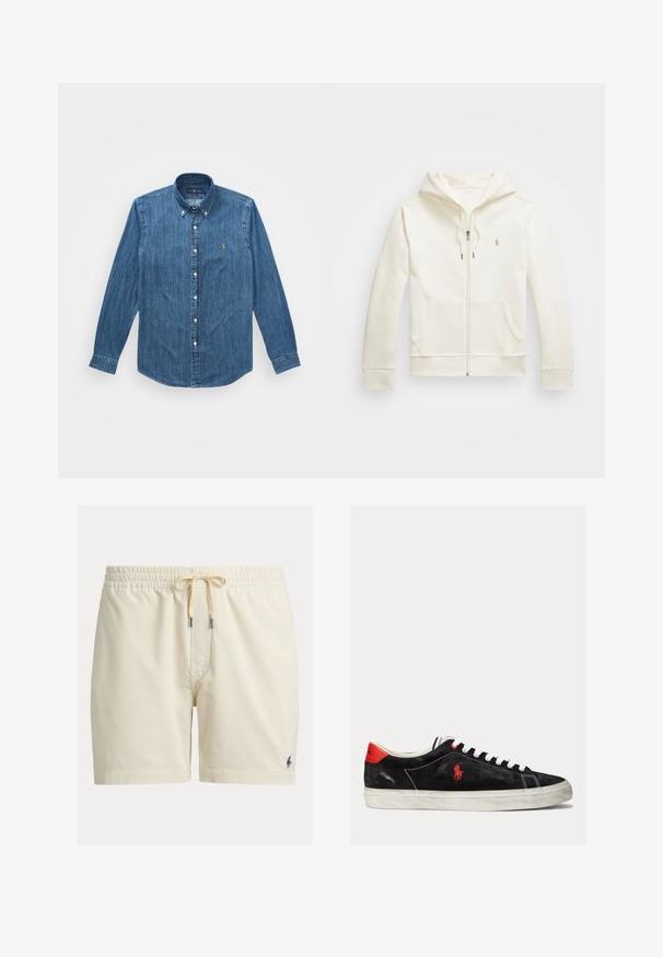 Cremfarbener Reißverschluss-Hoodie aus glattem Stoff, mit einer Vordertasche, einer Kapuze mit Kordelzug und einem kleinen Logo auf der Brust.; Denimhemd mit langen Ärmeln, Button-Down-Kragen und einem dezenten vertikalen Streifenmuster in einem mittelblauen Farbton mit einem Logo-Akzent.; Beige Cord-Shorts mit elastischem Bund und Kordelzug, mit kleinem dunkel besticktem Logo am unteren linken Bein.; Schwarze Wildleder-Sneaker mit weißen Schnürsenkeln, roten Akzenten an der Ferse und einem kleinen roten Logo. Sie verfügen über eine flache Gummisohle und einfache Nähte.