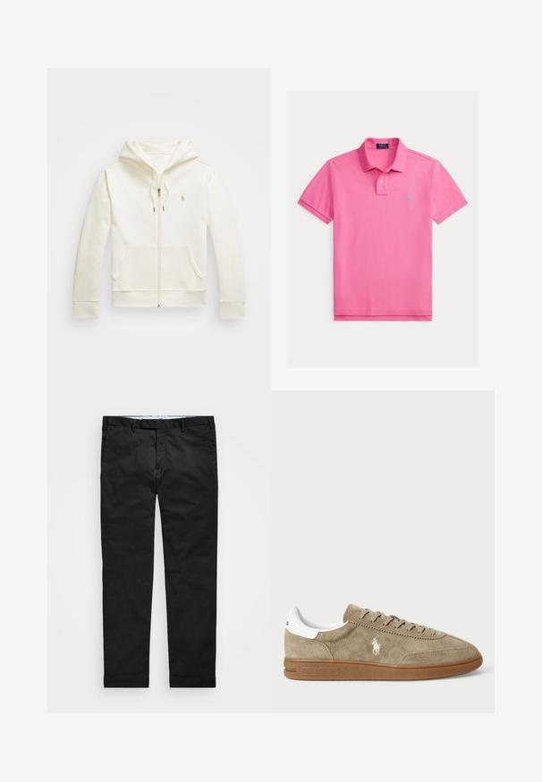 Cremfarbener Reißverschluss-Hoodie aus glattem Stoff, mit einer Vordertasche, einer Kapuze mit Kordelzug und einem kleinen Logo auf der Brust.; Rosa Poloshirt aus Baumwolle mit klassischem Kragen, kurzen Ärmeln, Dreiknopfleiste und blau besticktem Logo.; Schwarze Chinos mit geradem Bein, aus einem Baumwollmischgewebe, mit Reißverschluss, Gürtelschlaufen und Seitentaschen. Glatte Textur.; Wildledersneaker in Beige mit weißen Akzenten, runder Zehenform und Schnürdesign. Mit eingeprägtem Logo und Gummisohle für besseren Halt.