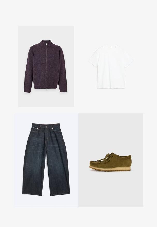 Donkerpaarse wollen trui met ritssluiting, geribde kraag, manchetten en zoom, met twee zijzakken en een subtiel logo op de borst.; Witte katoenen t-shirt met korte mouwen, ronde hals, rechte snit. Gladde textuur, geen zichtbare patronen of accenten. Eenvoudig en minimalistisch ontwerp.; Donkerblauwe jeans met wijde pijpen, voorzakken, knoopsluiting en zichtbare stiksels, plat liggend op een witte achtergrond.; Olijfgroene suède schoen met een ronde neus, vetersluiting en een lage, gestructureerde rubberen zool. Minimale stiknaad details langs de rand.