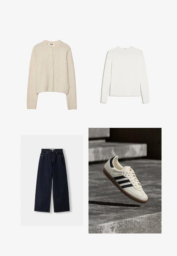 Lichtbeige cardigan gemaakt van zachte stof, met een ronde halslijn, lange mouwen en een sluiting met zeven knopen aan de voorkant.; Effen wit shirt met lange mouwen en ronde hals, slim fit, plat gelegd op een witte achtergrond.; Donkerblauwe denim wijduitlopende jeans met een hoge taille, vijf zakken, contrasterende stiksels en zilveren metalen hardware. Gladde textuur en een nette afwerking.; Witte Adidas Samba sneaker met zwarte strepen en gumzool, zwevend boven gestructureerde grijze betonnen treden.