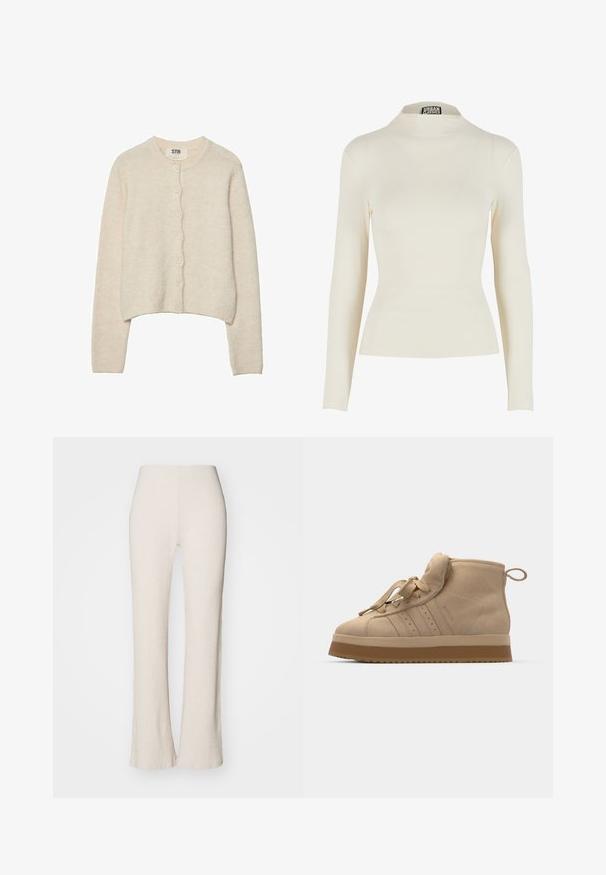 Lys beige cardigan lavet af blødt stof, med rund halsudskæring, lange ærmer og en frontknaplukning med syv knapper.; Cremefarvet langærmet top med tætsiddende pasform, høj hals og elastisk materiale. Har en glat tekstur og minimal syningsdetalje.; Cremefarvede ribstrikkede bukser med flared ben-design, der har en høj talje og en glat tekstur. Stoffet ser strækbart og blødt ud.; Beige ruskinds høje sneakers med en tykk gummisål, der har en foldbar tunge, rund tå og dekorative snørebånd.