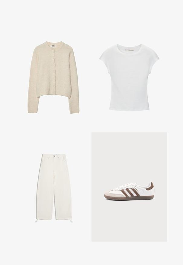 Cardigan beige clair en tissu doux, avec un col rond, des manches longues et une fermeture à boutons avant avec sept boutons.; T-shirt en coton blanc avec manches courtes retroussées, encolure ronde et ourlet droit. Texture lisse sans motifs ni accents visibles.; Pantalon ample écru avec bouton et fermeture éclair à l'avant, deux poches avant, et cordons de serrage à l'ourlet sur fond blanc.; Baskets Adidas Samba blanches avec des bandes en daim marron, semelle en caoutchouc marron et bout en daim beige, vues du côté extérieur sur un fond uni.