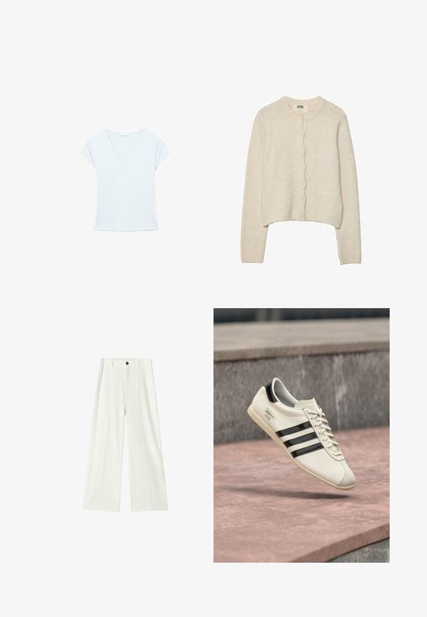 Cardigan beige clair en tissu doux, avec un col rond, des manches longues et une fermeture à boutons avant avec sept boutons.; T-shirt blanc à manches courtes et col en V, silhouette ajustée, sur fond blanc uni.; Pantalon blanc taille haute à jambes larges, avec plis à l'avant, passants pour ceinture et fermeture par bouton noir à la taille.; Baskets blanches Adidas avec des rayures noires et une semelle beige, flottant au-dessus d'une surface en béton rosâtre et d'un fond en pierre grise.