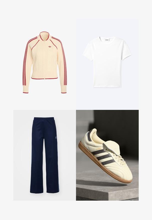 Chaqueta de punto cremosa con cremallera, con rayas rojas a lo largo de las mangas y bordes, con un pequeño logotipo rojo de Adidas en el pecho.; Camiseta blanca lisa de manga corta con cuello redondo y una pequeña etiqueta "WEEKDAY" dentro del cuello, mostrada extendida sobre un fondo claro.; Pantalones de chándal de mezcla de algodón en color marino con diseño de pierna ancha, cinturilla elástica y bolsillos con cremallera, con franjas laterales blancas y detalle de logotipo.; Zapatilla de cuero crema con tres rayas oscuras, suela de goma marrón y punta redondeada. Cuenta con una lengüeta plegable etiquetada como "SAMBA".