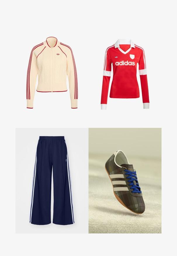 Kremfarvet strikket jakke med lynlås med røde striber langs ærmer og kanter, med lille rødt Adidas-logo på brystet.; Rød langærmet fodboldtrøje med hvid krave og manchetter. Har tre hvide striber på skuldrene og "adidas" logoet fremtrædende vist.; adidas Originals PANT - Træningsbukser - night indigo; Brune ternede atletiske sko med blå snørebånd, tre hvide striber og en glat overflade, med en lysebrune gummisul.