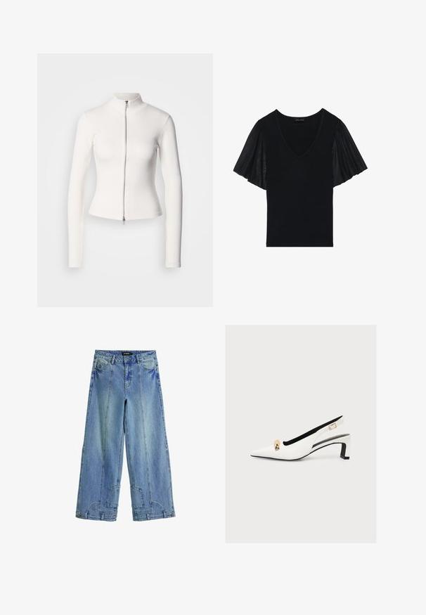 Hvid, tætsiddende langærmet bluse med høj krave og lynlås foran. Fremstillet af ribstrikket stof med glat tekstur og elastisk design.; Sort top med V-udskæring og lette ærmer lavet af gennemsigtig stof. Hoveddelen har en ensfarvet kvalitet, med fremhævede detaljer på ærmerne.; Lysblå, brede jeans i denim med høj talje, markante syninger og lappe-lignende detaljer på baglommerne.; Hvid slingback-pump med spids tå, lav blokhæl, guldfarvet spænde foran og en sidestrap med et lille guldfarvet spænde.