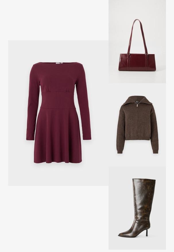 Brauner Mischwoll-Zipfelpullover mit hohem Kragen und gerippten Bündchen und Saum, vor einem weißen Hintergrund präsentiert.; Langärmliges, weinrotes knielanges Kleid mit tailliertem Schnitt und Bootsausschnitt, auf weißem Hintergrund präsentiert.; Brauner kniehoher Lederstiefel mit glänzendem Finish, spitz zulaufender Zehenpartie und schlankem, hohem Absatz. Das Material weist ein strukturiertes, rissiges Muster auf.; Burgunderfarbene Handtasche aus glänzendem Material, rechteckige Form, mit zwei Schulterriemen und subtilen, geschwungenen Akzenten an der Vorderseite.