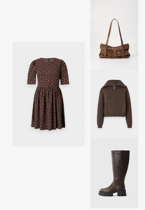 Brun uldblanding zip-up sweater med høj krave og ribbede manchetter og kant, præsenteret mod en hvid baggrund.; Brun knælængde kjole med hvide uregelmæssige polkaprikker, puffede halvlange ærmer, indsnævret talje og rund halsudskæring.; Brune knæhøje støvler lavet af glat syntetisk læder, med en kraftig sort platformsål og minimal syning for et elegant design.; Even&Odd by Zalando Håndtasker - brown