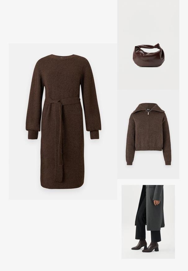 Brun uldblanding zip-up sweater med høj krave og ribbede manchetter og kant, præsenteret mod en hvid baggrund.; Langærmet brun strikkjole med ribbede manchetter og aftageligt livbånd, knælang, enkel rund halsudskæring.; Højhælede ankelstøvler i mørkebrunt læder med spids tå og blokhæl, parret med sorte bukser og en grå frakke.; Mørkebrun læder skuldertaske med en blød, afslappet form og et snoet knudehåndtag på en ensartet hvid baggrund.