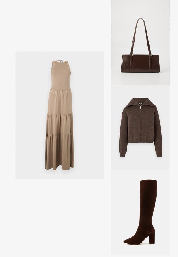 Brun uldblanding zip-up sweater med høj krave og ribbede manchetter og kant, præsenteret mod en hvid baggrund.; Ærmeløs beige maxi kjole med halterneck og trelags samlet nederdel, vist på en ensfarvet baggrund.; Brune ruskind knæhøj støvle med spids tå og en chunky firkantet hæl. Glat texture med en tætsiddende skaft og ingen synlige lukninger.; Brun lakeret håndtaske med rektangulær form, to lange håndtag og subtile buede detaljer på fronten.
