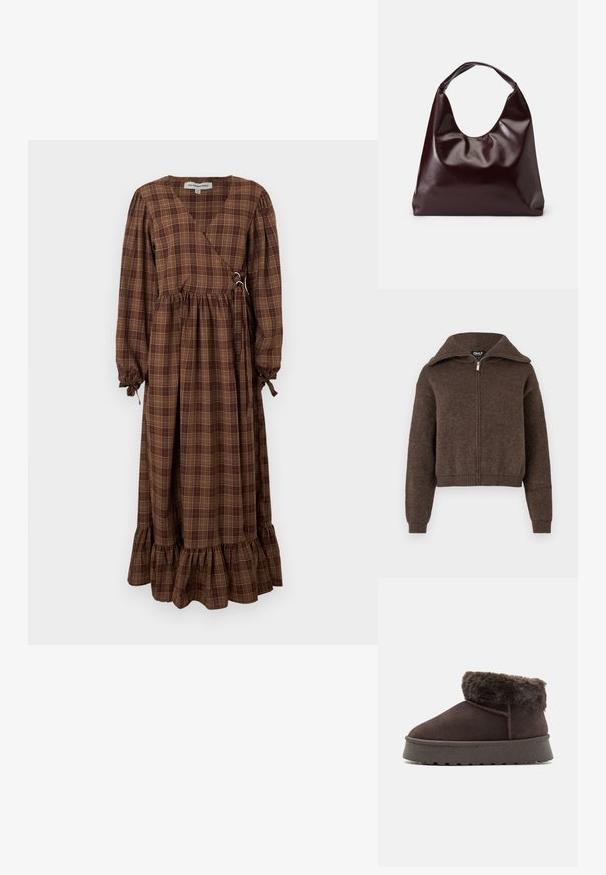 Brun uldblanding zip-up sweater med høj krave og ribbede manchetter og kant, præsenteret mod en hvid baggrund.; Brun ternet, lang kjole med omslagsdesign, ballonsærmer og flæsekanter. Fremstillet af et let stof med justerbare bindedetaljer.; Brune ruskind ankelstøvle med kunstig pelskrave, rund tå og tekstureret gummisål. Har enkel søm og et lavprofil design.; Bordeaux, skinnende vegansk læder tote taske med en blød, skulpturel form og et bredt, buet håndtag for nem bæring.