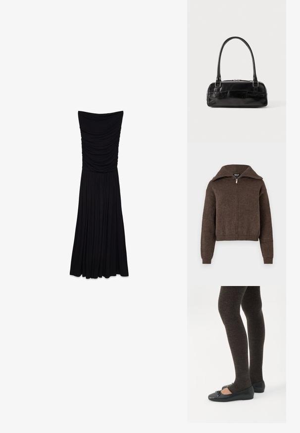 Pull zipé en mélange de laine marron avec col haut et poignets et ourlet côtelés, présenté sur un fond blanc.; Robe maxi noire sans bretelles avec une texture froncée au niveau du buste et une jupe plissée fluide. Fabriquée dans un tissu lisse et extensible.; Jambes portant des leggings côtelés foncés associés à des ballerines noires avec de petits détails en nœud sur fond blanc.; Sac à main en cuir noir de forme rectangulaire, doté d'une seule ansse structurée, de quincaillerie argentée et d'une fermeture éclair. Texture lisse.
