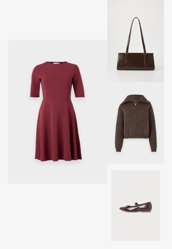 Brauner Mischwoll-Zipfelpullover mit hohem Kragen und gerippten Bündchen und Saum, vor einem weißen Hintergrund präsentiert.; Burgunderfarbendes Kleid mit rundem Ausschnitt, kurzen Ärmeln, tailliertem Oberteil und ausgestelltem Rock. Hergestellt aus glattem Stoff ohne sichtbare Muster oder Verzierungen.; Glänzender dunkelroter Mary Jane Ballerina mit seitlichem Schnallenriemen und flacher hellbrauner Sohle, aus der linken Seitenansicht vor weißem Hintergrund dargestellt.; Braune Lackleder-Handtasche in rechteckiger Form, mit zwei langen Griffen und subtilen, geschwungenen Akzenten auf der Vorderseite.
