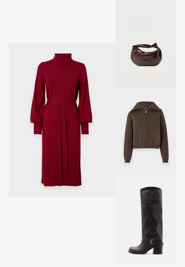 Hnedý sveter na zips z vlnenej zmesi s vysokým golierom a rebrovanými manžetami a lemom, vystavený na bielom pozadí.; VILA Knitted VIAMANDA Turtleneck - Svetríkové šaty - cabernet; Tmavohnedá kožená čižma po kolená s okrúhlou špičkou, nízkym hrubým podpätkom a ozdobným remienkom so striebornou prackou pri členku.; Tmavohnedá kožená kabelka cez rameno s mäkkým, voľným tvarom a držadlom v podobe skrúteného uzla na jednoduchom bielom pozadí.