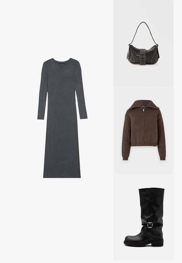 Pull zipé en mélange de laine marron avec col haut et poignets et ourlet côtelés, présenté sur un fond blanc.; Robe à manches longues, gris foncé, en matériau tricoté doux. Présente des rayures verticales texturées le long des manches et du corps. Encolure ronde.; Botte haute en cuir noir avec bout arrondi, talon bas, bride à boucle latérale et tige légèrement relâchée sur fond blanc.; Sac à épaule en cuir noir avec une sangle à boucle, des bords arrondis et des coutures blanches contrastées sur un fond uni.