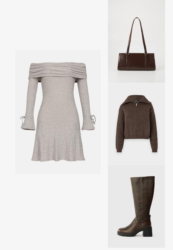 Pull zipé en mélange de laine marron avec col haut et poignets et ourlet côtelés, présenté sur un fond blanc.; Robe grise à épaules dénudées avec texture côtelée, manches longues avec détails de nœuds et jupe évasée.; Bottine en cuir marron jusqu'au genou avec un talon épais noir et une finition texturée. Présente un bout rond et des détails de couture latérale subtils.; Sac à main en cuir verni marron de forme rectangulaire, avec deux longues poignées et des accents courbés subtils à l'avant.