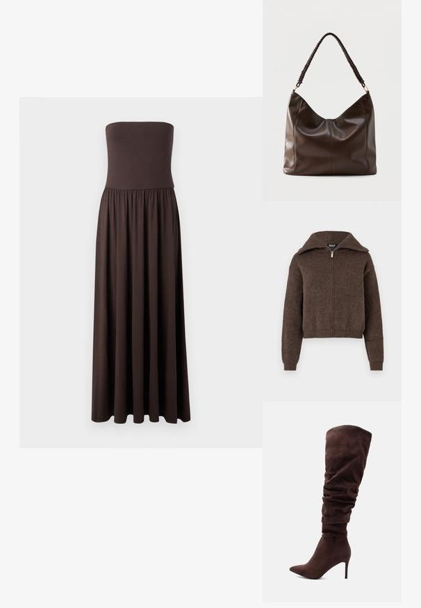 Pull zipé en mélange de laine marron avec col haut et poignets et ourlet côtelés, présenté sur un fond blanc.; Robe maxi marron sans bretelles en tissu doux, avec un corsage ajusté et une jupe fluide et froncée pour plus de liberté de mouvement.; Bottes en suède marron au-dessus du genou avec un design ample, un bout pointu et un talon aiguille. Texture lisse avec une couleur uniforme.; Sac à bandoulière en cuir brun foncé avec une poignée tressée et des coutures apparentes sur le devant.