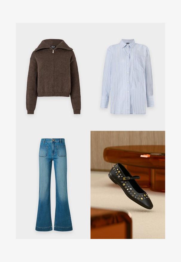 Brun uldblanding zip-up sweater med høj krave og ribbede manchetter og kant, præsenteret mod en hvid baggrund.; Blåstribet knap-up skjorte i let bomuld, med vertikale hvide og tynde guldstriber, en brystlomme og lange ærmer.; Blå højtaljede denimjeans med forreste patchlommer og svajede ben, med knap- og lynlåslukning.; Sort læderflad sko med rundet tå, pyntet med et udvalg af metalliske nitter i guld, sølv og bronze; inkluderer en slank ankelrem.