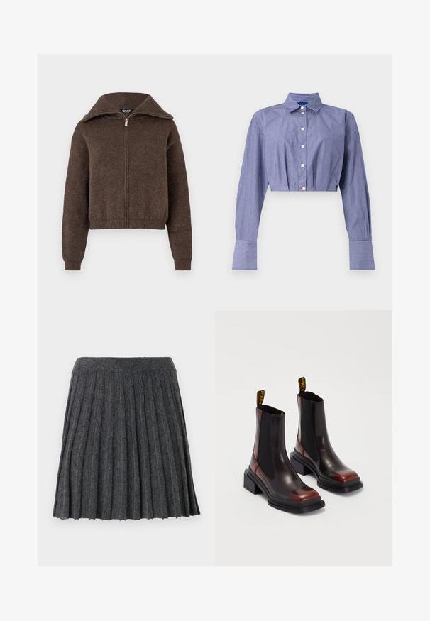 Brun uldblanding zip-up sweater med høj krave og ribbede manchetter og kant, præsenteret mod en hvid baggrund.; Stribet blå cropped skjorte med knaplukning foran, lange ærmer, klassisk krave og brede manchetter. Fremstillet af letvægtsstof.; Vero Moda Knitted VMMARINA Short - Mini skirts - dark grey; Dr. Martens MAYBOLE CHELSEA - Plateaustøvletter - black/cherry red