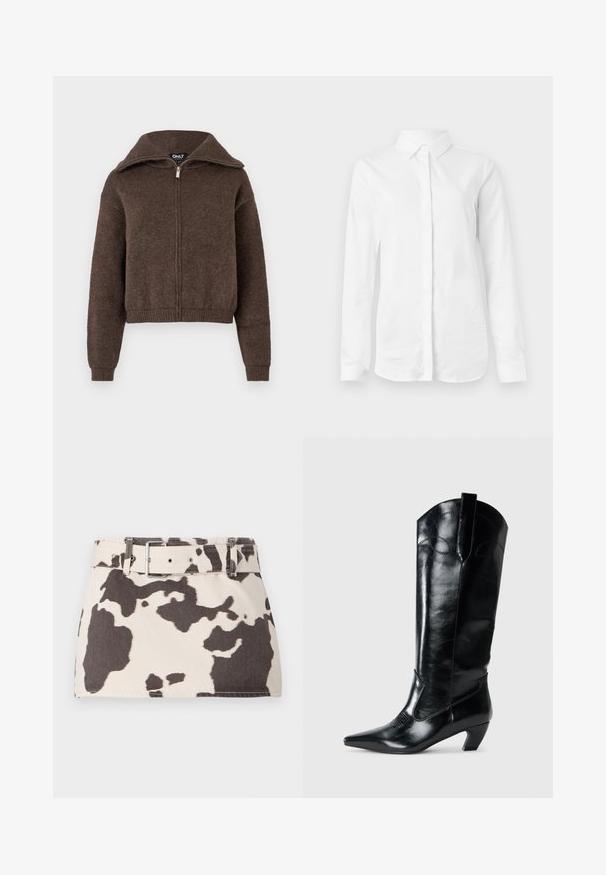 Pull zipé en mélange de laine marron avec col haut et poignets et ourlet côtelés, présenté sur un fond blanc.; Chemise blanche à manches longues en coton lisse. Présente un col classique et un devant à boutons avec un ourlet droit et sans motifs.; Mini-jupe en denim à imprimé vache avec une taille ceinturée. Présente des formes marron foncé contrastantes sur un fond clair. Tissu texturé avec des coutures robustes.; Bottes en cuir noir montantes jusqu'au genou, avec une pointe effilée, un talon bas, et des détails de couture décoratifs sur les côtés. Fini lisse et brillant.