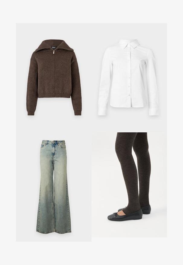 Bruine wolmix rits-trui met hoge kraag en geribbelde manchetten en zoom, weergegeven tegen een witte achtergrond.; Witte blouse met lange mouwen en knopen, met puntige kraag, rechte zoom en aansluitende silhouet, weergegeven op een effen lichte achtergrond.; lichtblauwe wijde jeans van denim, met een hoge taille, vervaagde wassing en zijzakken met zichtbare stiksels.; Benen met donkere geribbelde leggings gecombineerd met zwarte ballerina's met kleine strikdetails op een witte achtergrond.