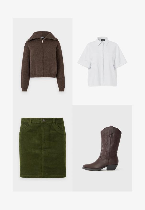 Pull zipé en mélange de laine marron avec col haut et poignets et ourlet côtelés, présenté sur un fond blanc.; Chemise blanche à manches courtes avec boutons, col pointu et deux poches poitrine, étiquetée "PIECES" à l'intérieur du col.; Jupe en velours côtelé vert foncé à coupe droite, dotée d'un design à cinq poches et d'une fermeture à bouton en métal à la taille.; Botte de cowboy en cuir marron avec un bout pointu, des coutures décoratives sur la tige et un talon bas empilé. Texture lisse et design courbé.