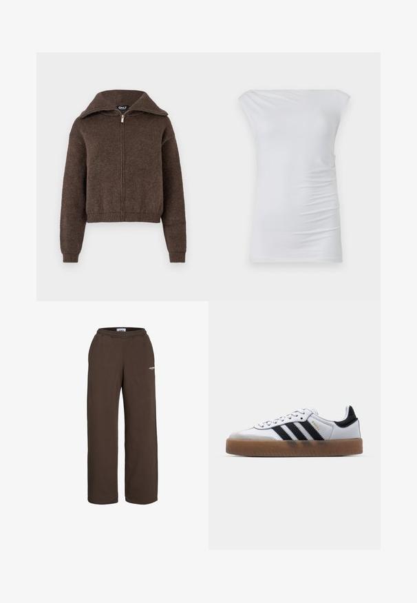 Brauner Mischwoll-Zipfelpullover mit hohem Kragen und gerippten Bündchen und Saum, vor einem weißen Hintergrund präsentiert.; Weißes schulterfreies Oberteil aus weichem Stoff; zeichnet sich durch ein figurbetontes Design mit subtiler seitlicher Raffung und glatter Textur aus.; Braune Sweatpants mit weitem Bein, elastischem Bund und kleinem weißem Textlogo am oberen Oberschenkel vor weißem Hintergrund.; Weiße Leder Sneakers mit schwarzen Streifen, Gummigummi-Außensohle, runder Zehenform, Schnürverschluss und weichem grauem Wildleder-Zehenkappe.
