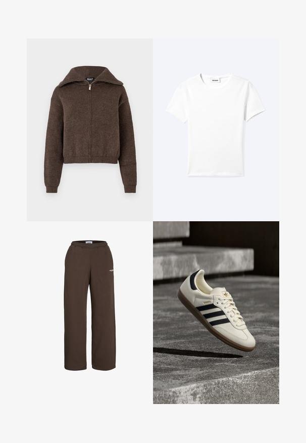Brun uldblanding zip-up sweater med høj krave og ribbede manchetter og kant, præsenteret mod en hvid baggrund.; Ensfarvet hvid t-shirt med korte ærmer og rund halsudskæring med en lille "WEEKDAY" label indeni halskanten, vist fladt på en lys baggrund.; Brune vidde-buksede joggingbukser med elastisk talje og lille hvid tekstlogo på den øverste lår mod en hvid baggrund.; Hvid Adidas Samba sneaker med sorte striber og gummsål, svævende over teksturerede grå betonstrin.