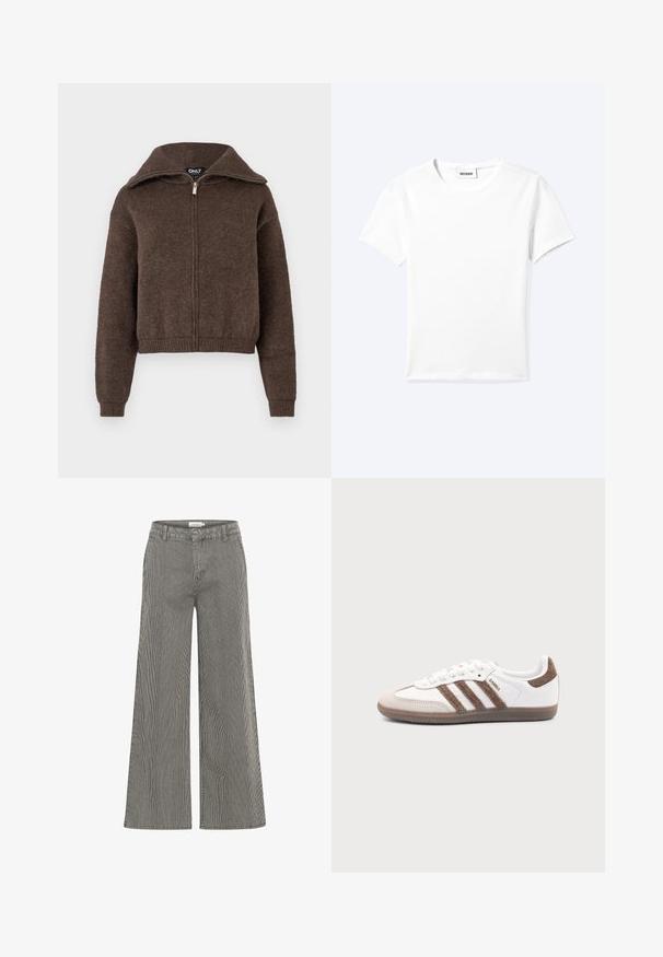 Brun uldblanding zip-up sweater med høj krave og ribbede manchetter og kant, præsenteret mod en hvid baggrund.; Ensfarvet hvid t-shirt med korte ærmer og rund halsudskæring med en lille "WEEKDAY" label indeni halskanten, vist fladt på en lys baggrund.; Sort-hvide stribede vide bukser med høj talje, der har bæltestropper og en glat overflade. Velegnet til både afslappet og formelt brug.; Hvid Adidas Samba sneaker med brune ruskindstriber, brun gummisål og beige ruskindståhætte, vist fra ydersiden på en ensfarvet baggrund.
