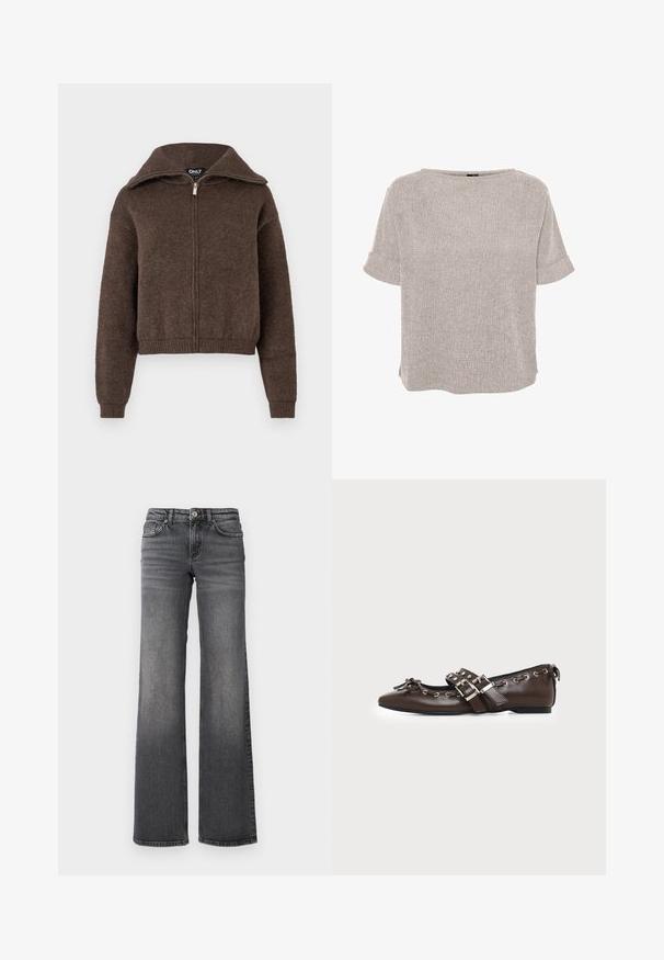 Brauner Mischwoll-Zipfelpullover mit hohem Kragen und gerippten Bündchen und Saum, vor einem weißen Hintergrund präsentiert.; Hellgraue, kurzärmelige, strukturierte Bluse mit rundem Ausschnitt und umgeschlagenen Bündchen, lockere Passform.; Gerade geschnittene, dunkelgraue Jeans aus Denim mit leichter Verblassung an den Oberschenkeln und klassischem Fünf-Taschen-Design vor weißem Hintergrund.; Dunkelbrauner flacher Lederschuh mit spitzer Spitze, doppelten silbernen Schnallenriemen, Metallösen und dekorativer Schleife vorne.
