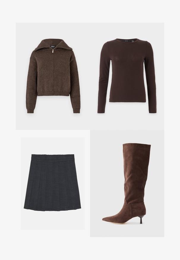 Brun uldblanding zip-up sweater med høj krave og ribbede manchetter og kant, præsenteret mod en hvid baggrund.; Mørkebrun, langærmet, tætsiddende bluse med rund hals, vist fladt på en ensfarvet lys baggrund.; Mørkegrå plisseret nederdel med elastisk talje, der har et struktureret stof og en klassisk A-formet silhuet. Velegnet til hverdag.; Brune ruskinds knæhøje støvler med spids tå, slank hæl og glat tekstur; har en tætsiddende design og minimalistisk skrædderarbejde.
