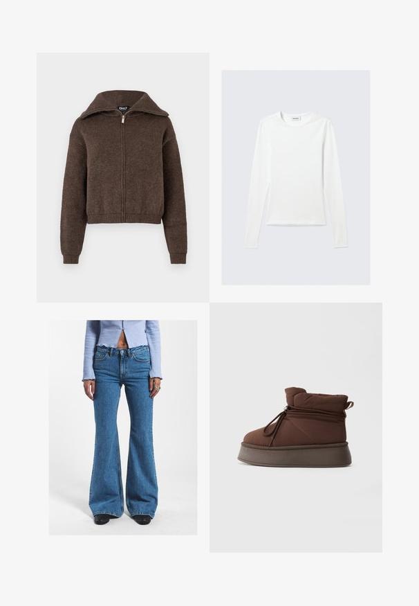 Brauner Mischwoll-Zipfelpullover mit hohem Kragen und gerippten Bündchen und Saum, vor einem weißen Hintergrund präsentiert.; Langärmliges, schlichtes weißes Rundhals-Shirt mit schlanker Passform, dargestellt vor einem hellgrauen Hintergrund.; Hoch taillierte blaue Jeans mit weitem Bein, die eine verblasste Textur, ein klassisches Fünf-Taschen-Design und dezente Stichdetails aufweisen.; Braune gepolsterte Winterstiefel mit dicker Sohle und Schnürverschluss mit Zugband vor einem schlichten hellen Hintergrund.