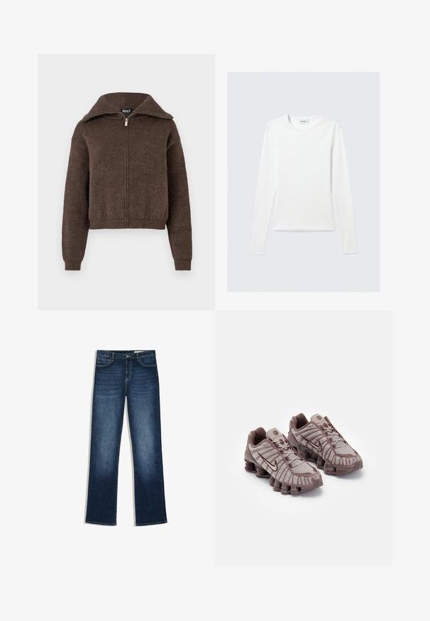 Bruine wolmix rits-trui met hoge kraag en geribbelde manchetten en zoom, weergegeven tegen een witte achtergrond.; Effen wit shirt met lange mouwen en ronde hals, slim fit, afgebeeld tegen een lichtgrijze achtergrond.; Donkerblauwe rechte spijkerbroek met voorzakken, riemlussen en een knoop- en ritssluiting, weergegeven op een witte achtergrond.; Nike Sportswear SHOX TL - Sneakers laag - pumice/night maroon/plum eclipse