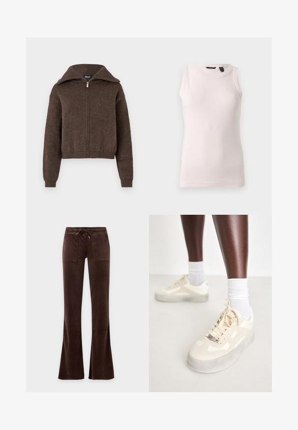 Brun uldblanding zip-up sweater med høj krave og ribbede manchetter og kant, præsenteret mod en hvid baggrund.; Ærmeløs hvid ribstrikket tanktop med rund halsudskæring og tætsiddende pasform, vist mod en ensartet lys grå baggrund.; Mørkebrune velourbukser med snøre i taljen, to frontlommer og let udvidede ben mod en ensfarvet baggrund.; Beige sneakers med glat læder og ruskindsdetaljer, grå gummisål, teksturerede mønstre og et metallisk brandlogo på siden.