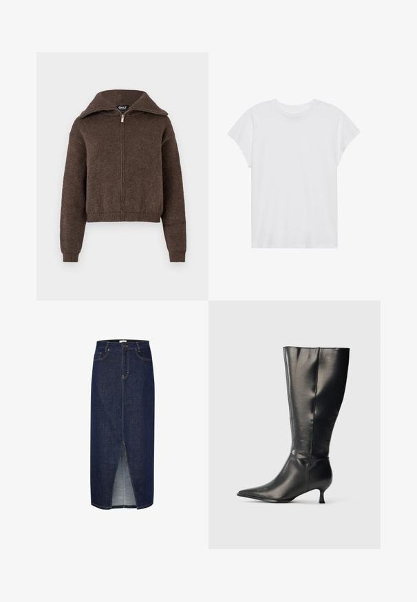 Brauner Mischwoll-Zipfelpullover mit hohem Kragen und gerippten Bündchen und Saum, vor einem weißen Hintergrund präsentiert.; Weißes kurzärmliges T-Shirt mit Rundhalsausschnitt, lockerer Passform, aus weichem Baumwollstoff. Glatte Textur, keine Muster oder Logos.; Dunkelblaue Jeans-Bleistiftrock mit einem Schlitz vorne, erhältlich mit gelben Nähten und klassischem Fünf-Taschen-Design. Reißverschlussverschluss hinten.; Schwarzer kniehoher Lederstiefel mit spitzer Zehenpartie und niedrigem Kittenabsatz, präsentiert vor einem schlichten hellen Hintergrund.