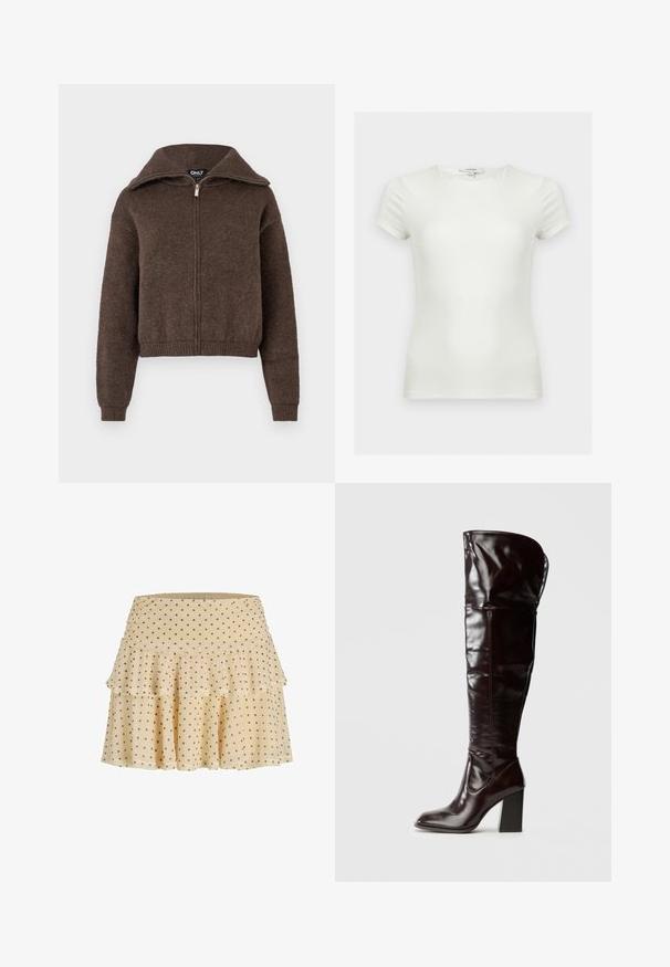 Pull zipé en mélange de laine marron avec col haut et poignets et ourlet côtelés, présenté sur un fond blanc.; T-shirt ajusté blanc uni à manches courtes avec encolure ronde, présenté sur un fond neutre.; Jupe beige à volants avec des pois marron, ourlet évasé et taille froncée.; Bottes en cuir bordeaux glacé montant jusqu'au genou, avec un bout carré et un talon bloc, présentant un design ample et des détails de couture minimalistes.