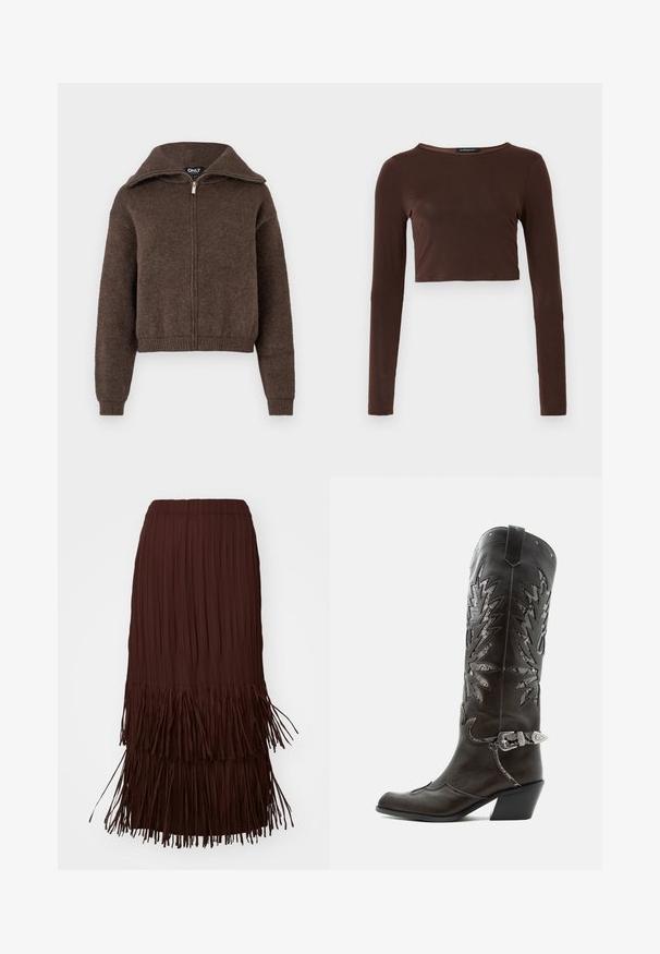 Hnedý sveter na zips z vlnenej zmesi s vysokým golierom a rebrovanými manžetami a lemom, vystavený na bielom pozadí.; Hnedý dlhý rukáv cropped top vyrobený z hladkého materiálu, s okrúhlym výstrihom a priliehavým strihom. Bez viditeľných vzorov alebo akcentov.; Hnedá plisovaná midi sukňa s vrstvenými strapcami na leme, s elastickým pásom a priedušnou textúrou.; Čierna kožená kovbojská čižma s dekoratívnymi výrezmi, striebornou prackou a šikmým podpätkom, zobrazovaná na bielom pozadí.