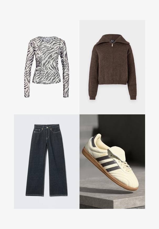 Hnedý sveter na zips z vlnenej zmesi s vysokým golierom a rebrovanými manžetami a lemom, vystavený na bielom pozadí.; Noisy May NMJUDITH L/S MESH TOP BG NOOS - Top s dlhým rukávom - black; Tmavomodré džínsy široké nohavice s predným zapínaním na gombík a zipsom, pútkami na opasok a piatimi vreckami na jednoduchom svetlom pozadí.; Krémové kožené tenisky s tromi tmavými pruhmi, hnedou gumenou podrážkou a zaoblenou špičkou. Obsahujú prehýbací jazyk s označením "SAMBA."