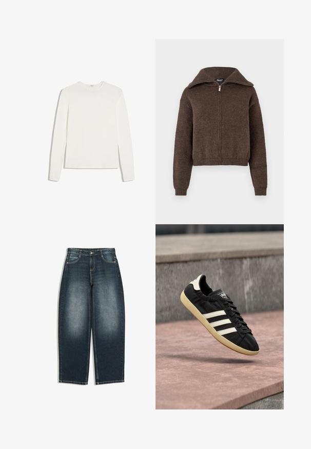 Pulover zip-up dintr-un amestec de lână maro, cu guler înalt și manșete și tiv cu nervuri, expus pe un fundal alb.; Tricou alb simplu cu mânecă lungă și guler rotund, cu croială slim, așezat plat pe un fundal alb.; Blugi albastre închise cu croială largă, cu decolorare ușoară pe partea frontală a coapselor, cinci buzunare, închidere cu nasture și bucle pentru curea, afișați întinși pe un fundal alb.; Pantof sport negru Adidas cu dungi albe și talpă bej, surprins în aer deasupra unei suprafețe de piatră și fundal de zid de piatră.