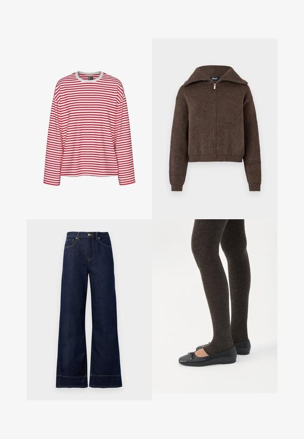 Brun uldblanding zip-up sweater med høj krave og ribbede manchetter og kant, præsenteret mod en hvid baggrund.; Rød- og hvidstribet langærmet skjorte med rund halsudskæring og afslappet pasform. Blødt stof med ensartet stribemønster.; Mørkeblå brede jeans lavet af denim. Har en knaplukning, stikninger og sidelommer. Udfoldet nederste kant.; Ben iført mørke ribbede leggings kombineret med sorte balletsko med små sløjfedetaljer på hvid baggrund.