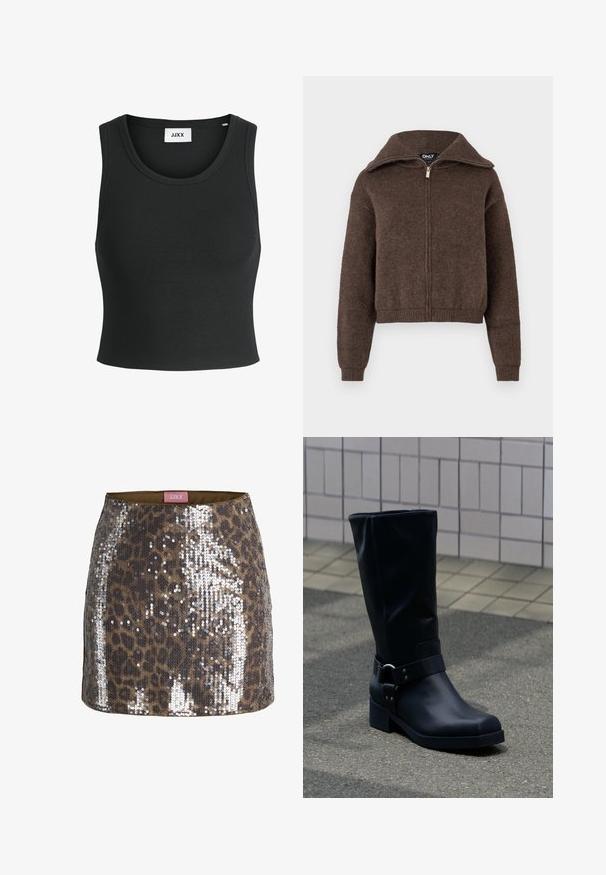 Brauner Mischwoll-Zipfelpullover mit hohem Kragen und gerippten Bündchen und Saum, vor einem weißen Hintergrund präsentiert.; Schwarzes, geripptes Tanktop mit rundem Halsausschnitt und ärmellosem Design; aus einem weichen, dehnbaren Stoff für Komfort und Passform.; Brauner und schwarzer Leoparden-Print-Minirock, bedeckt mit silbernen Pailletten und mit einem pinken Etikett an der Innenseite des Taillenbunds.; Schwarzer Lederstiefel bis zur Mitte der Wade mit niedrigem Blockabsatz und dekorativem Riemen mit Metallschnalle um den Knöchel, auf einem gefliesten Gehweg.
