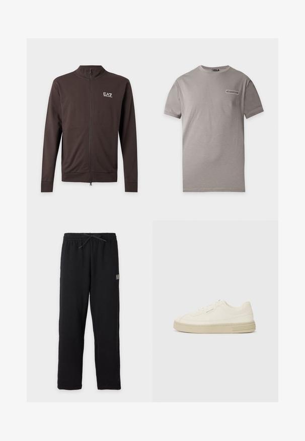 Donkerbruine jas met rits, lange mouwen en een klein wit EA7 Emporio Armani-logo op de linkerborst.; Grijs T-shirt met korte mouwen en een klein EA7 Emporio Armani-logo op de linker bovenborst.; Zwarte joggingbroek met elastische tailleband en trekkoord, met een kleine rechthoekige EA7-logo patch op de bovenkant van de linker dij.; Witte canvas sneakers met een gestructureerde rubberen zool, featuring een gestikte neuskap en logo-accent op de hak. Eenvoudig vetersluiting ontwerp.