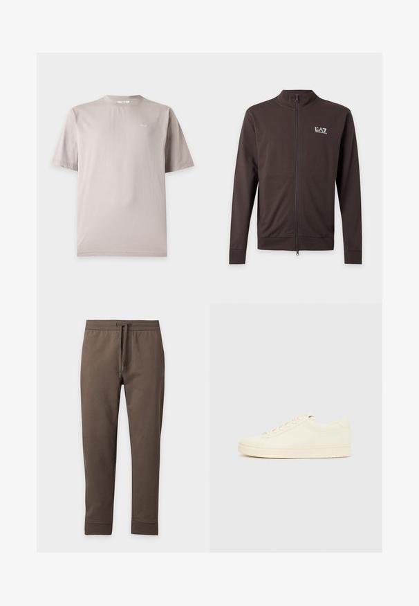 Dark brown zip-up jacket with long sleeves and a small white EA7 Emporio Armani logo on the left chest.; Light beige short-sleeve cotton t-shirt with small white "NN.07" logo on the left chest and round neckline.; Brown tapered sweatpants with elastic waistband and drawstring, displayed flat on a light background.; Cream-colored sneaker with a smooth leather upper, rounded toe, lace-up front, and a textured rubber sole. Minimalist design, no logos.