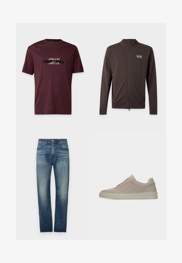 Veste marron foncé zippée à manches longues avec un petit logo blanc EA7 Emporio Armani sur la poitrine gauche.; T-shirt bordeaux à manches courtes et col rond, avec un texte de logo "Armani" superposé en blanc et noir sur la poitrine.; Jean en denim bleu foncé à coupe droite, avec un léger délavage, cinq poches et une fermeture par bouton à la taille.; Baskets en daim beige avec une finition texturée, un bout arrondi et des lacets ton sur ton. Elles présentent une semelle en caoutchouc épaisse et un branding discret sur le talon.