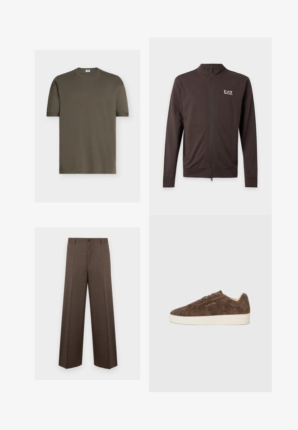 Veste marron foncé zippée à manches longues avec un petit logo blanc EA7 Emporio Armani sur la poitrine gauche.; T-shirt vert olive uni à manches courtes avec col rond et petite étiquette blanche à l'intérieur du col au dos.; Pantalon marron à jambes larges, coupe cintrée avec passants de ceinture et fermeture par bouton, présenté à plat sur un fond blanc.; Baskets en daim marron avec une silhouette basse, un bout arrondi et une semelle en caoutchouc blanc. Elles présentent des lacets foncés et un logo discret sur le côté.