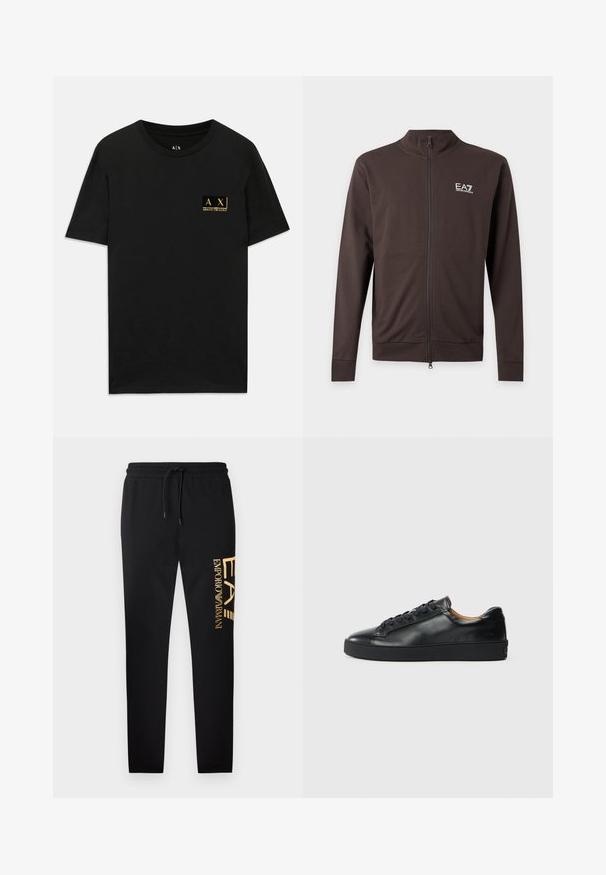 Donkerbruine jas met rits, lange mouwen en een klein wit EA7 Emporio Armani-logo op de linkerborst.; Zwarte katoenen T-shirt met een ronde hals. Beschikt over een klein gouden logo op de linkerkant van de borst met de tekst "AX Armani Exchange". Klassieke pasvorm.; Zwarte sweatpants met een comfortabele pasvorm, voorzien van een gouden logoprint "EA" en "EMPORIO ARMANI" aan de linkerkant, met een elastische tailleband.; Zwarte leren sneaker met een gladde textuur, ronde neus en vetersluiting. Heeft een dikke rubberen zool en minimale merkaanpassing.