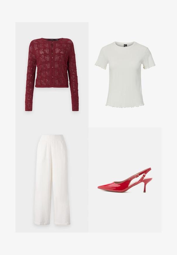 Burgundy neuleliivi, jossa on teksturoitu avoin silmukkamalli, pyöreä pääntie ja napitus edessä.; Valkoinen lyhythihainen paita, jossa on ribbitekstuuria, pyöreä pääntie ja aaltoileva helma, suunniteltu tiiviiksi siluetiksi.; Valkoiset leveät housut, joissa on teksturoidusta, ryppyisestä kankaasta valmistettu materiaali. Raskaassa vyötärössä on elastinen vyö ja sivutaskut käytännöllisyyden vuoksi.; Punainen kiiltävä nahkainen slingback-kiiltonilkkuri, jossa on terävä kärki, sivuilta avoimet kohdat ja ohut korko. Siinä on säädettävä hihna soljella.